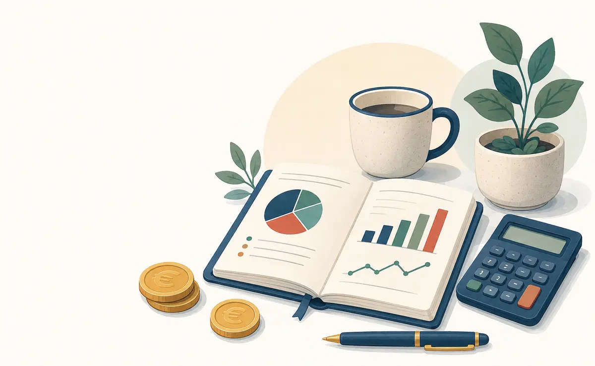 Carnet de budget, calculatrice, plante et pièces illustrant l’organisation des finances personnelles