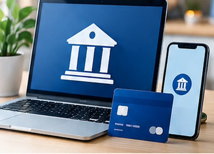 Ordinateur et téléphone affichant un symbole bancaire, avec une carte de paiement : illustration du comparatif des banques en ligne
