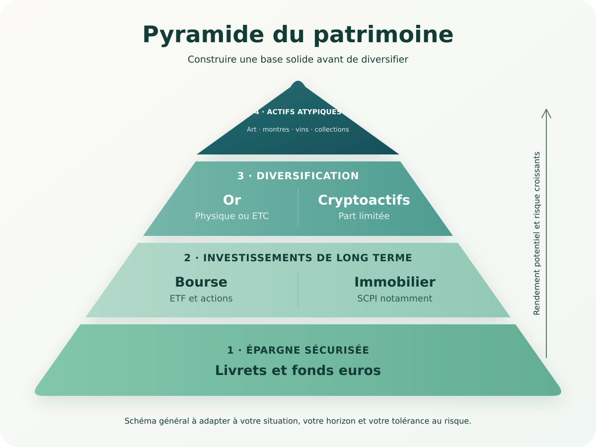 Pyramide patrimoniale à quatre niveaux : épargne sécurisée ; investissements de long terme répartis entre bourse et immobilier ; diversification avec or et cryptoactifs ; actifs atypiques.