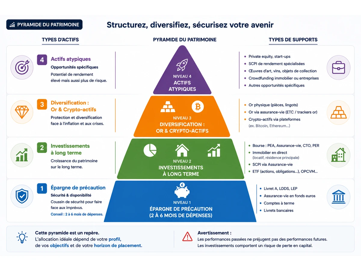 Pyramide du patrimoine à quatre niveaux : épargne de précaution, investissements à long terme, diversification avec or et crypto-actifs, puis actifs atypiques.